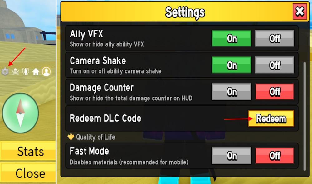 Blox Fruits codes settings menu